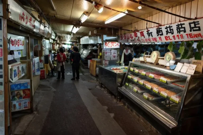 Traditional Japanese market with food stalls along a narrow aisle, illuminated by overhead lights. Generated using stable diffusion.