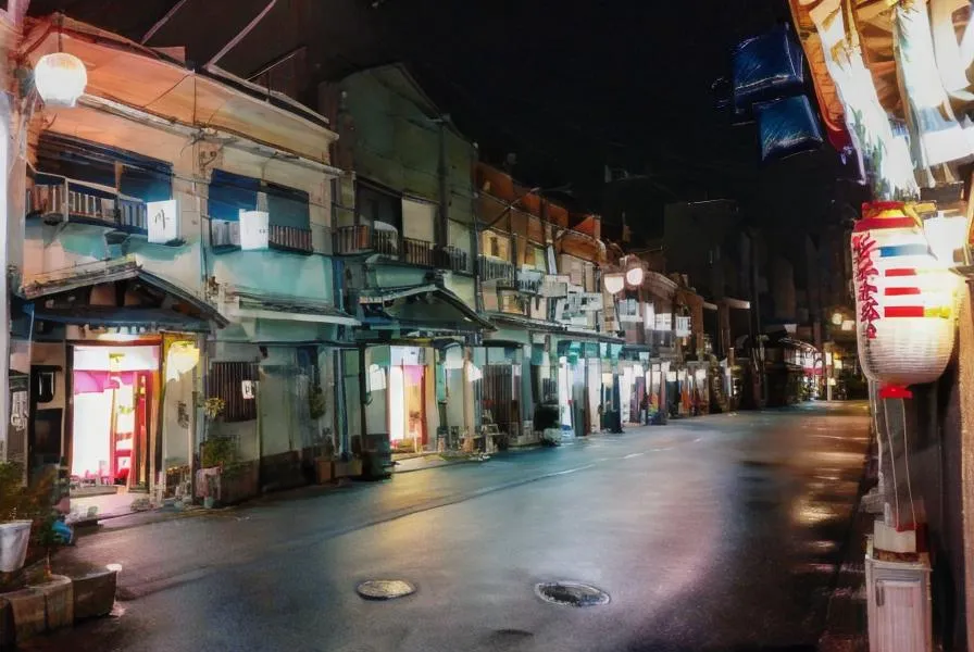 AI-generated image of a Japanese night street with traditional architecture and colorful lanterns using Stable Diffusion.