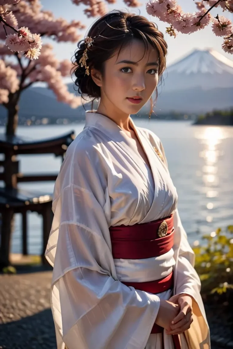 A woman in traditional Japanese attire, surrounded by cherry blossoms with Mt. Fuji in the background. This is an AI generated image using Stable Diffusion.