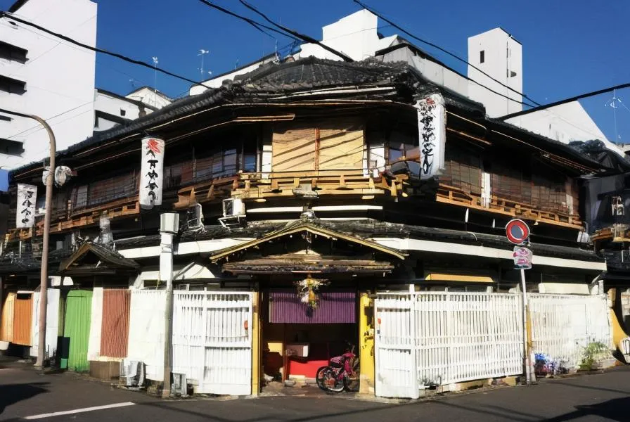 A traditional Japanese building in an urban setting, AI generated image using stable diffusion.