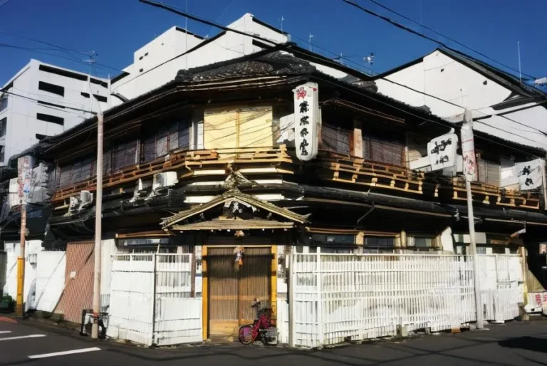 Traditional Japanese building with wooden and white walls, located in an urban setting surrounded by modern buildings, created using Stable Diffusion.