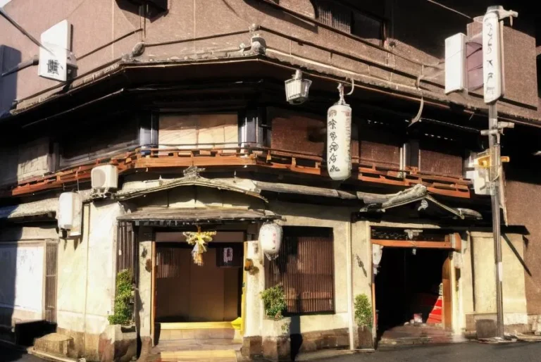 A traditional Japanese building with lanterns hanging on its facade, created using Stable Diffusion.