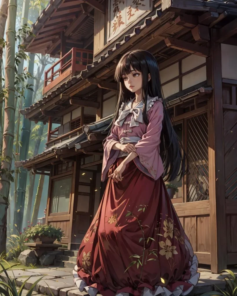 A Japanese girl with long black hair standing in front of a traditional wooden house. She is wearing traditional clothing with a red floral-patterned skirt and a pink top with a large white bow. There is bamboo in the background.