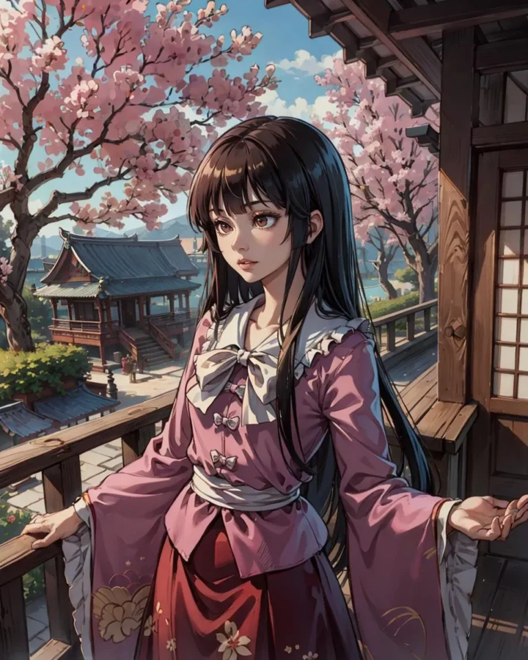 AI generated image using stable diffusion. Anime style Japanese girl in traditional attire standing on a wooden balcony with blooming cherry blossoms in the background.