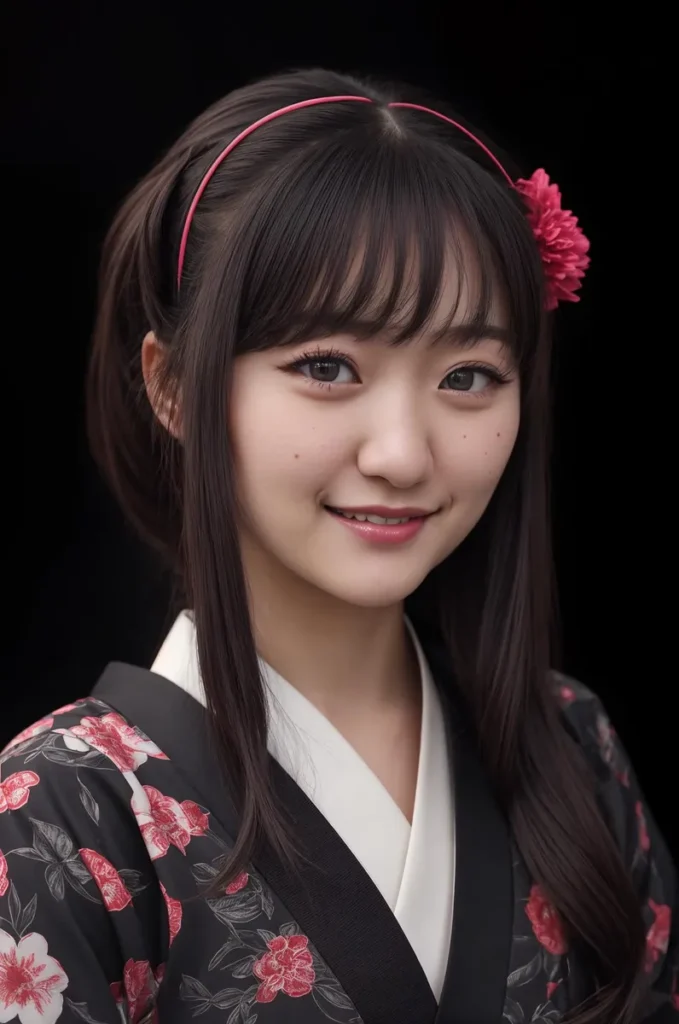 A young woman with long dark hair, wearing a black kimono with red and white floral prints, and a pink headband with a flower. Ai generated image using stable diffusion.