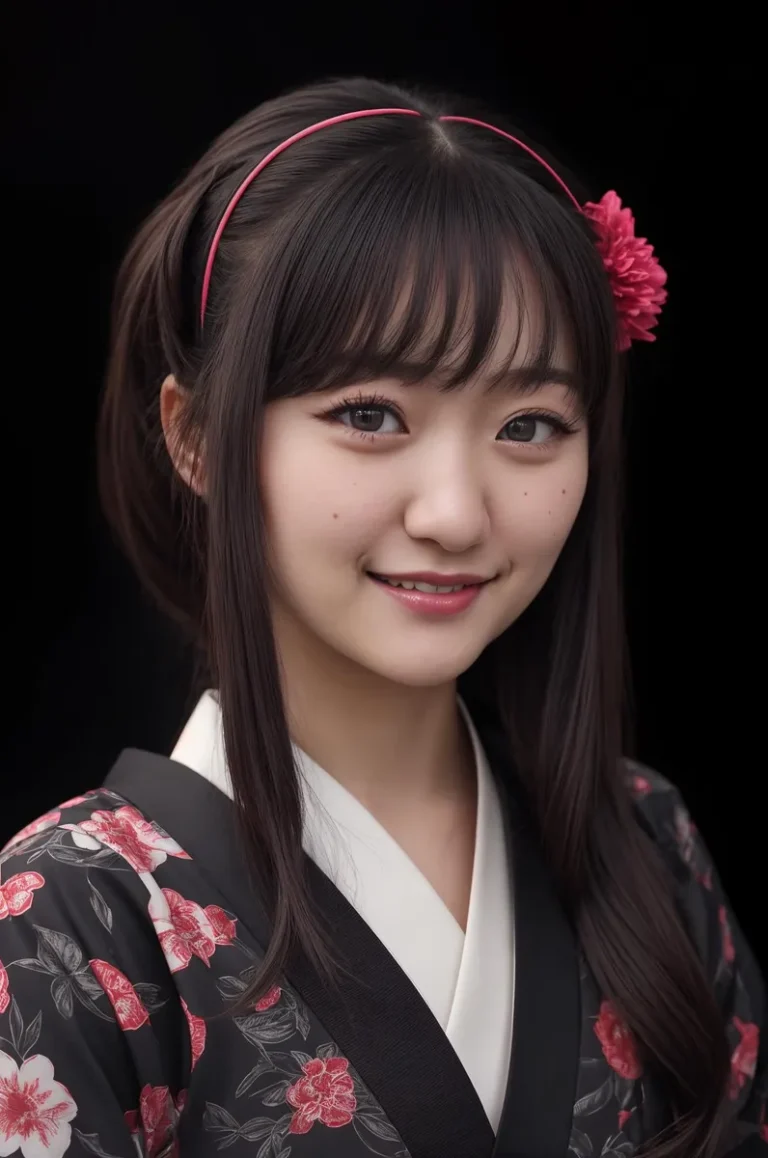 A young woman with long dark hair, wearing a black kimono with red and white floral prints, and a pink headband with a flower. AI generated image using stable diffusion.