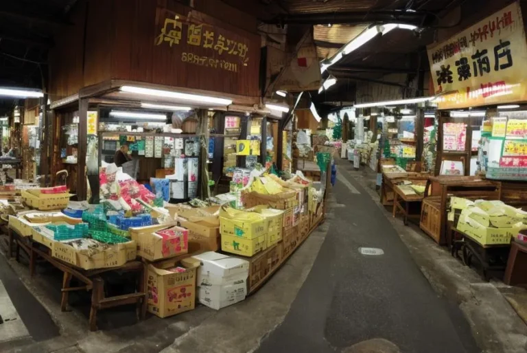 Traditional indoor market in Japan with many stalls selling various goods. This is an AI generated image using stable diffusion.