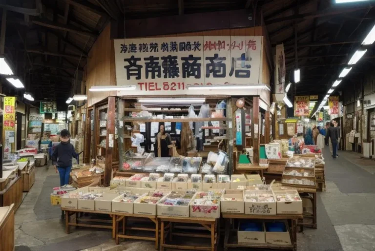 AI generated image using stable diffusion of a traditional Japanese market with a variety of goods displayed in a wooden stall under bright lamps.