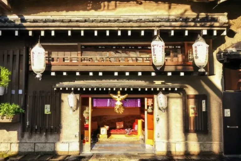AI generated image of a traditional Japanese shop with hanging lanterns created using Stable Diffusion.