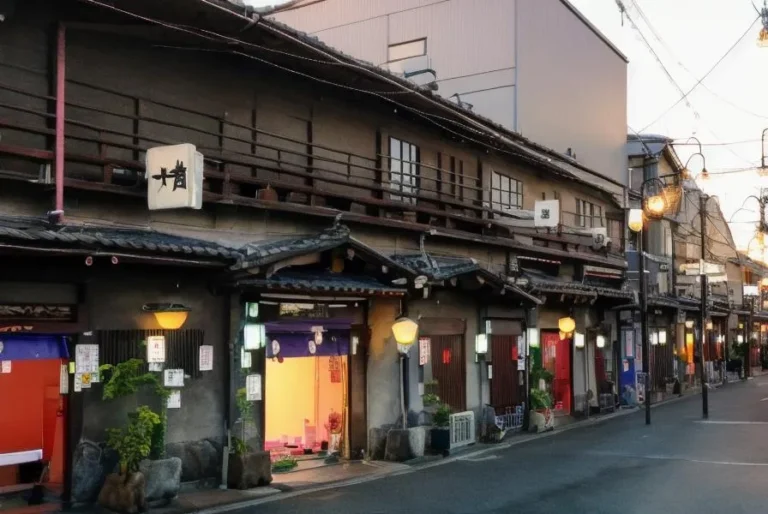 An AI generated image using Stable Diffusion depicting a traditional Japanese street with old buildings and glowing lanterns.