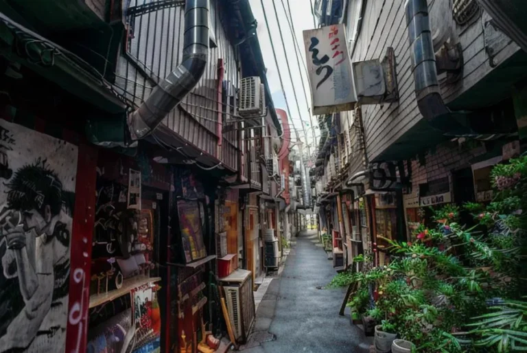 AI generated image of a narrow Japanese alley during the day with various signage, pipes, plants, and air conditioning units lining the sides using Stable Diffusion.