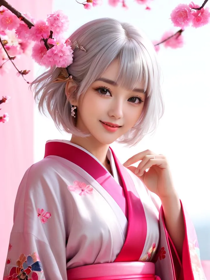 AI generated image using Stable Diffusion of a young Japanese woman with short light purple hair in a traditional kimono, standing among blooming cherry blossoms.