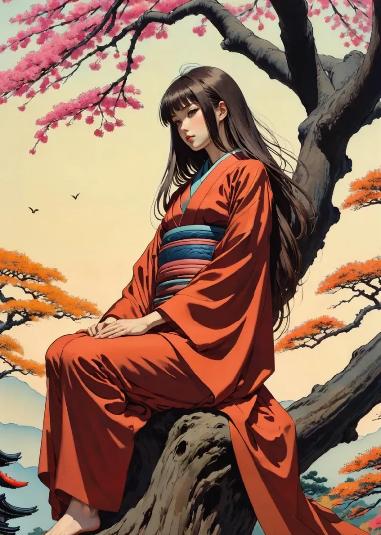 AI generated image using Stable Diffusion showcasing a Japanese woman in a red kimono sitting under a cherry blossom tree.