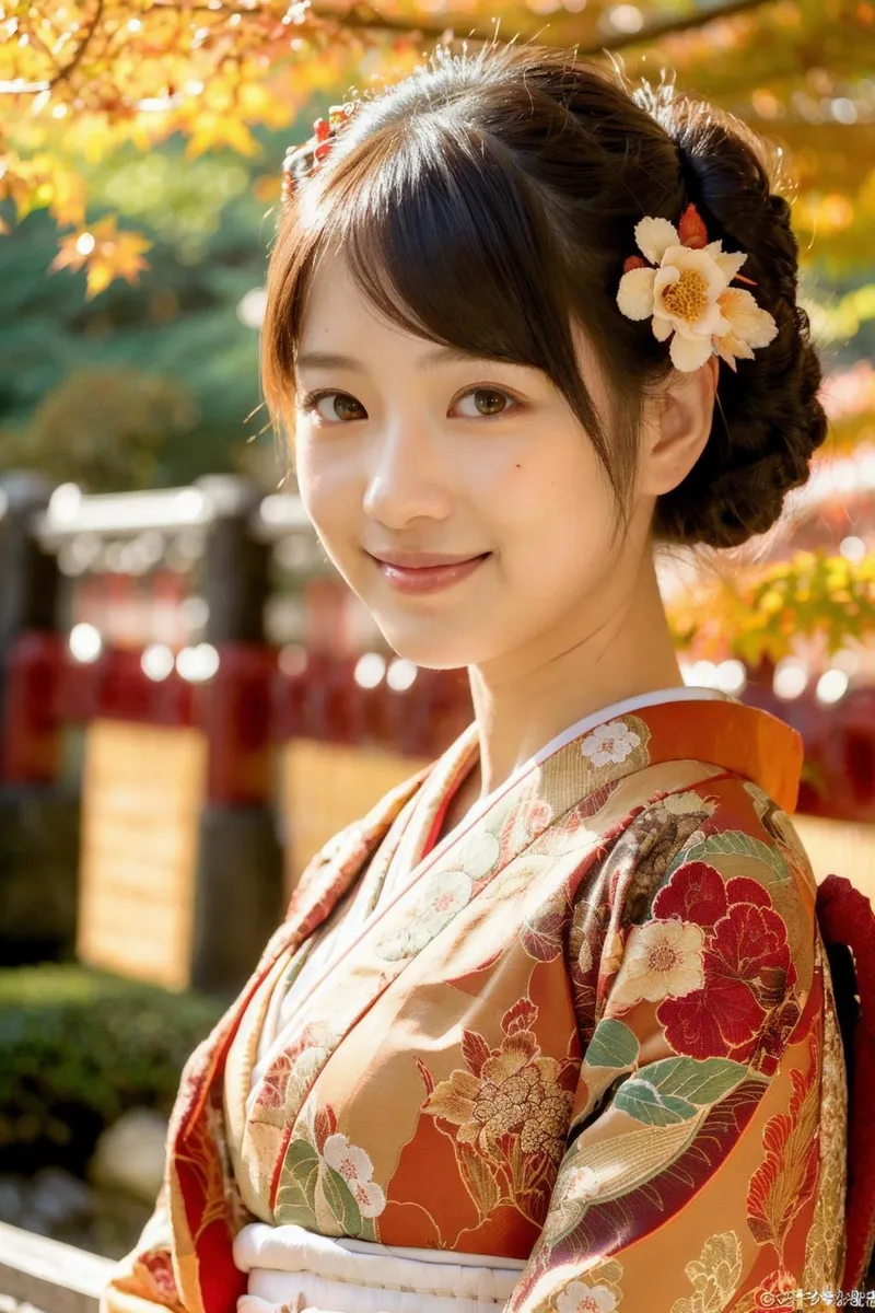 A beautiful Japanese woman in a traditional floral kimono with an autumn background, created using Stable Diffusion AI
