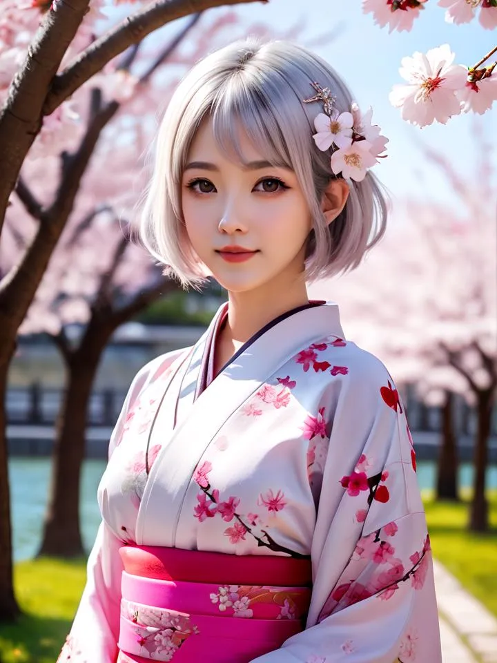 A Japanese woman with silver hair wearing a traditional kimono adorned with cherry blossom patterns, standing among cherry blossom trees. This is an AI generated image using Stable Diffusion.