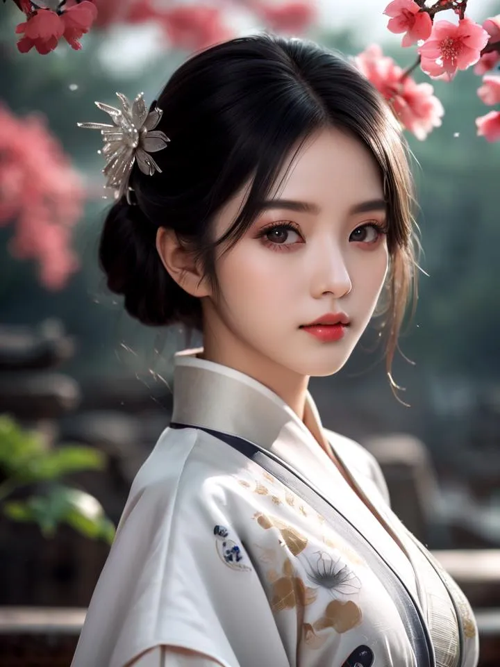 A beautiful woman in a traditional Japanese kimono with intricate patterns, adorned with a delicate hair accessory, standing in front of vibrant cherry blossoms. AI generated image using Stable Diffusion.