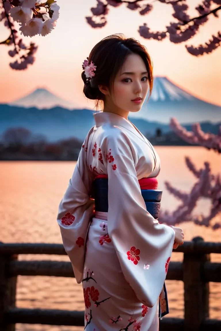 A stunning AI-generated image of a Japanese woman in a traditional kimono with floral patterns, standing by a lake at sunset with Mount Fuji and cherry blossoms in the background, created using stable diffusion.