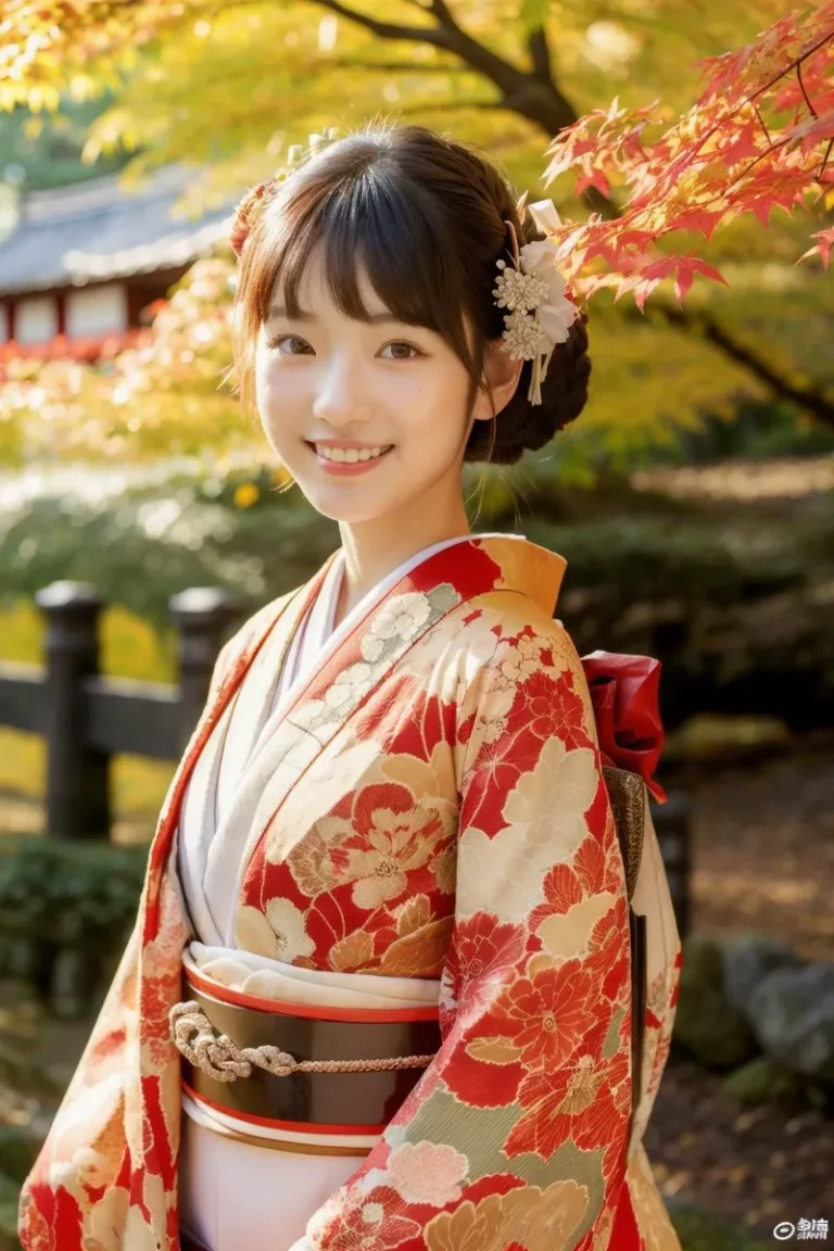 A beautiful Japanese woman in a traditional red floral kimono stands in an autumnal garden. AI generated image using stable diffusion.