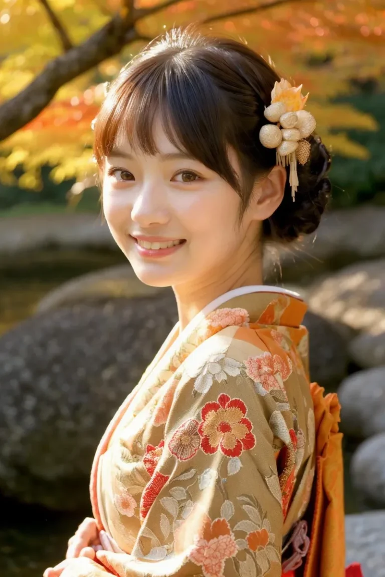 A beautiful young Japanese woman dressed in a traditional floral kimono, standing outdoors with colorful autumn foliage in the background. This is an AI generated image using Stable Diffusion.