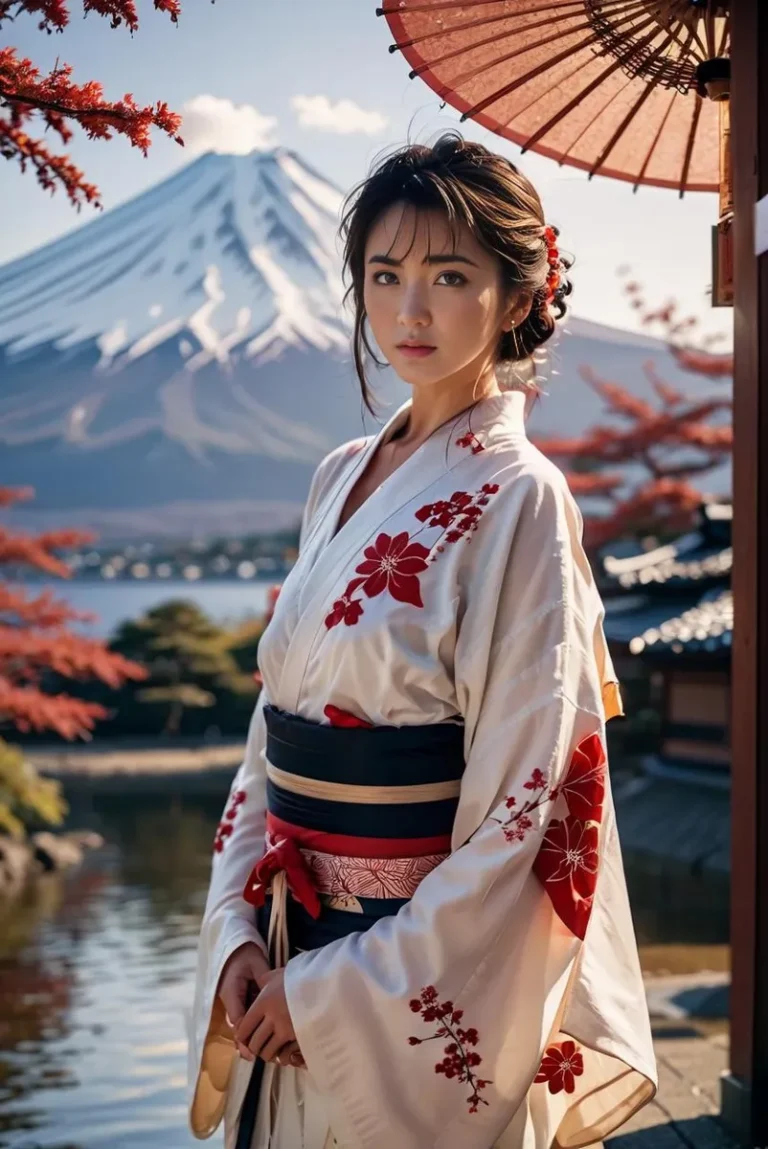 A Japanese woman dressed in traditional kimono with Mount Fuji in the background, AI generated image using Stable Diffusion.