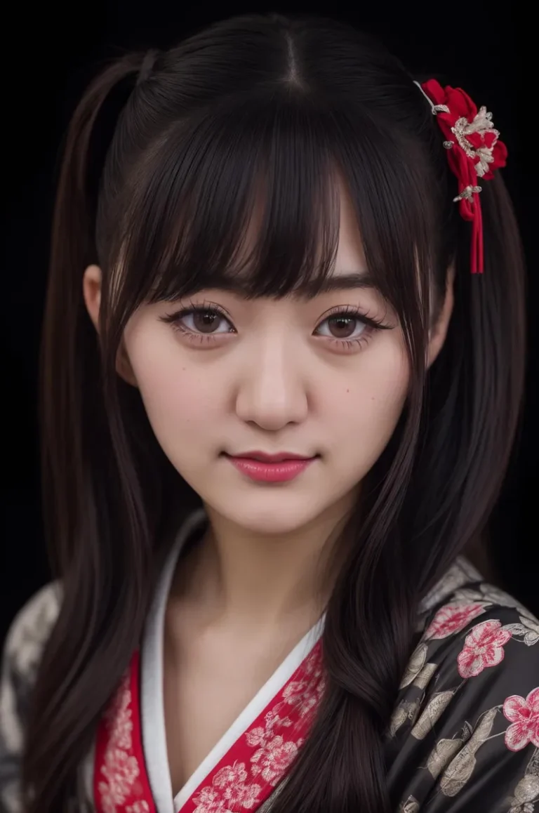 A detailed close-up portrait of a Japanese woman in traditional attire with red floral patterns, emphasizing that this is an AI generated image using Stable Diffusion.