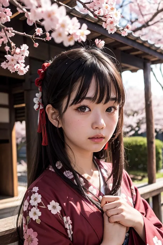 A young Japanese girl in a red floral kimono stands under cherry blossoms in a traditional wooden setting, generated with Stable Diffusion.