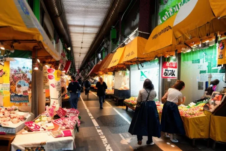 A vibrant Japanese street market with stalls, colorful displays, and people browsing, created with stable diffusion AI.