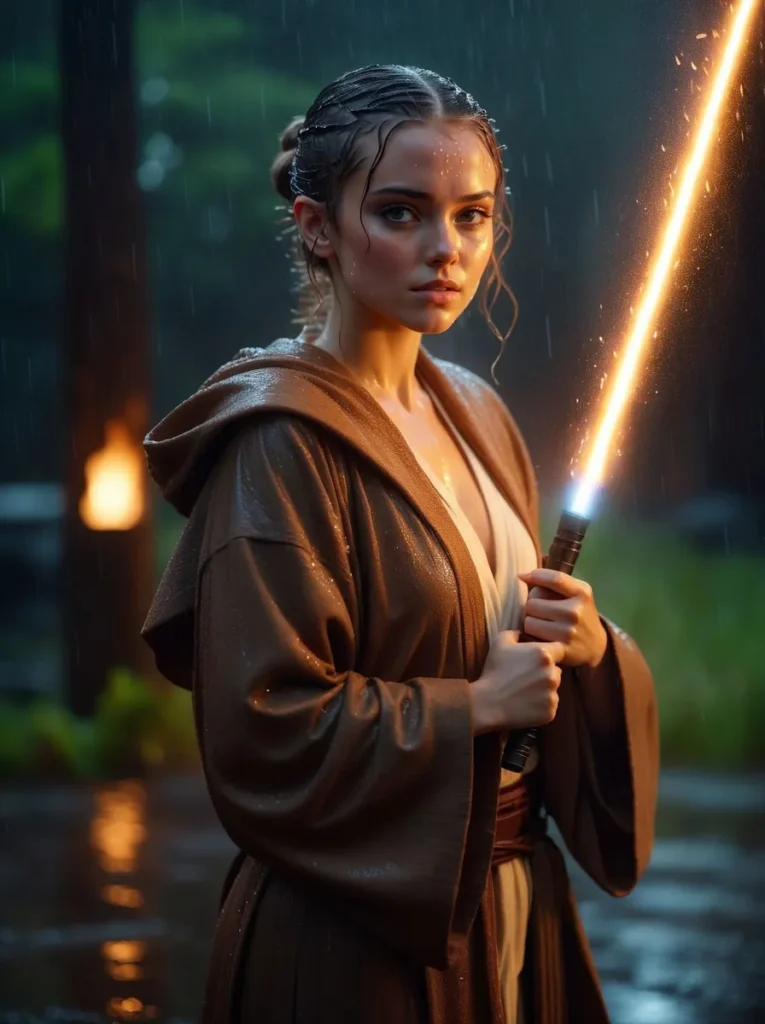 Portrait of a young woman dressed as a Jedi holding a glowing lightsaber, standing in a rainy forest. AI generated image using Stable Diffusion.