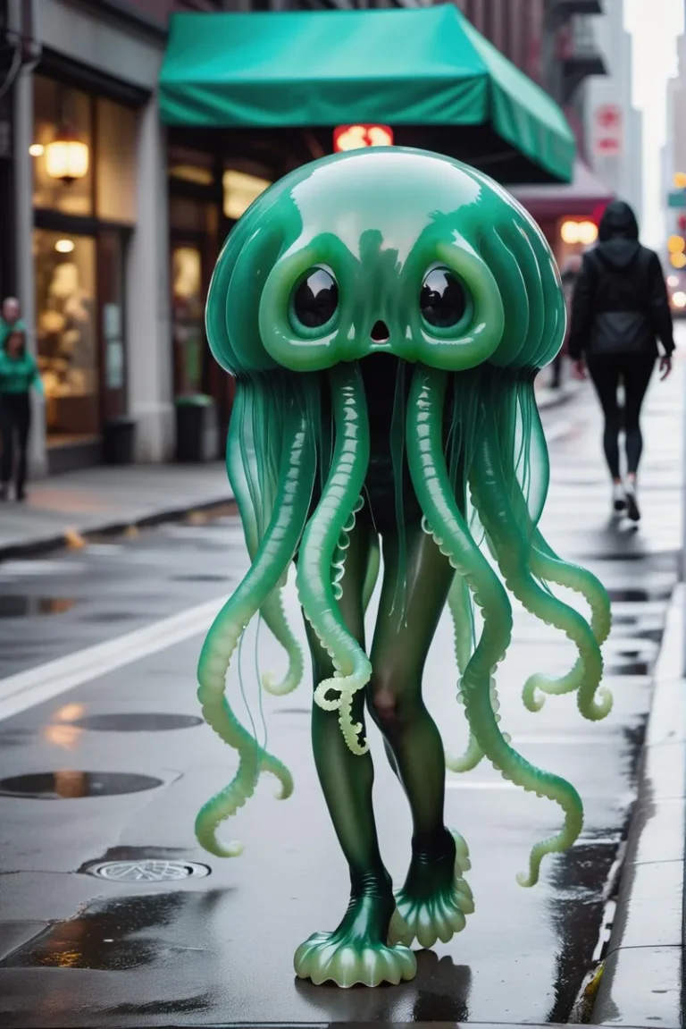 An AI generated image using Stable Diffusion. A person dressed in a green jellyfish costume is walking down a city street with wet pavement.