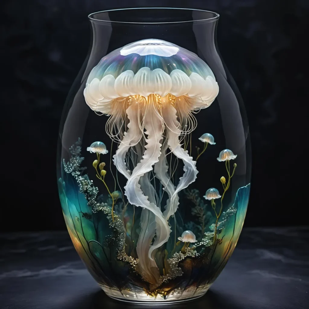 AI generated image using stable diffusion of an artistic jellyfish inside a clear glass vase, with delicate underwater flora.