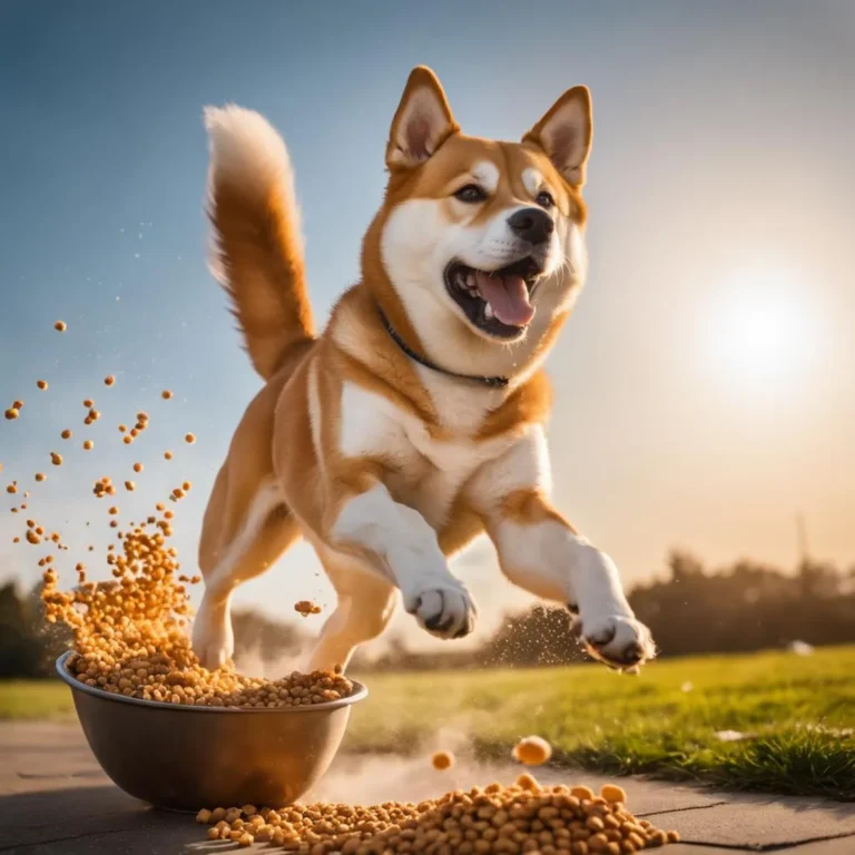 Happy Shiba Inu mid-jump with a bowl of dog food spilling onto the ground, AI-generated using Stable Diffusion.