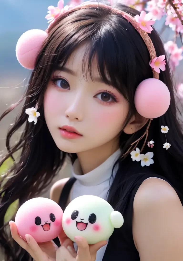 AI generated image using stable diffusion of a kawaii girl with cute accessories like plushies and flowers in her hair.