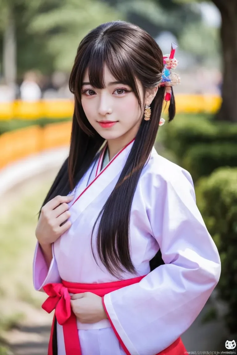 Young woman in traditional Japanese attire, wearing a white and red kimono, AI generated using Stable Diffusion.