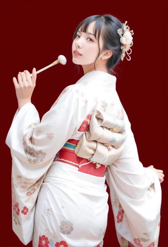 A woman in a traditional Japanese kimono holding a small fluffy fan with floral patterns, created using AI and Stable Diffusion.