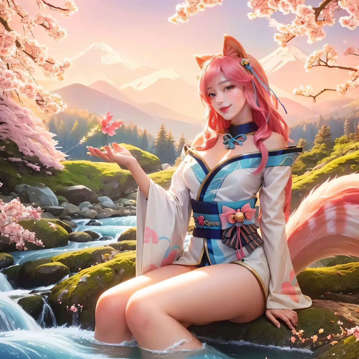 An AI generated image produced using stable diffusion of a kitsune girl with pink hair and fox ears, dressed in traditional attire, sitting by a tranquil stream surrounded by cherry blossoms with majestic mountains in the background.