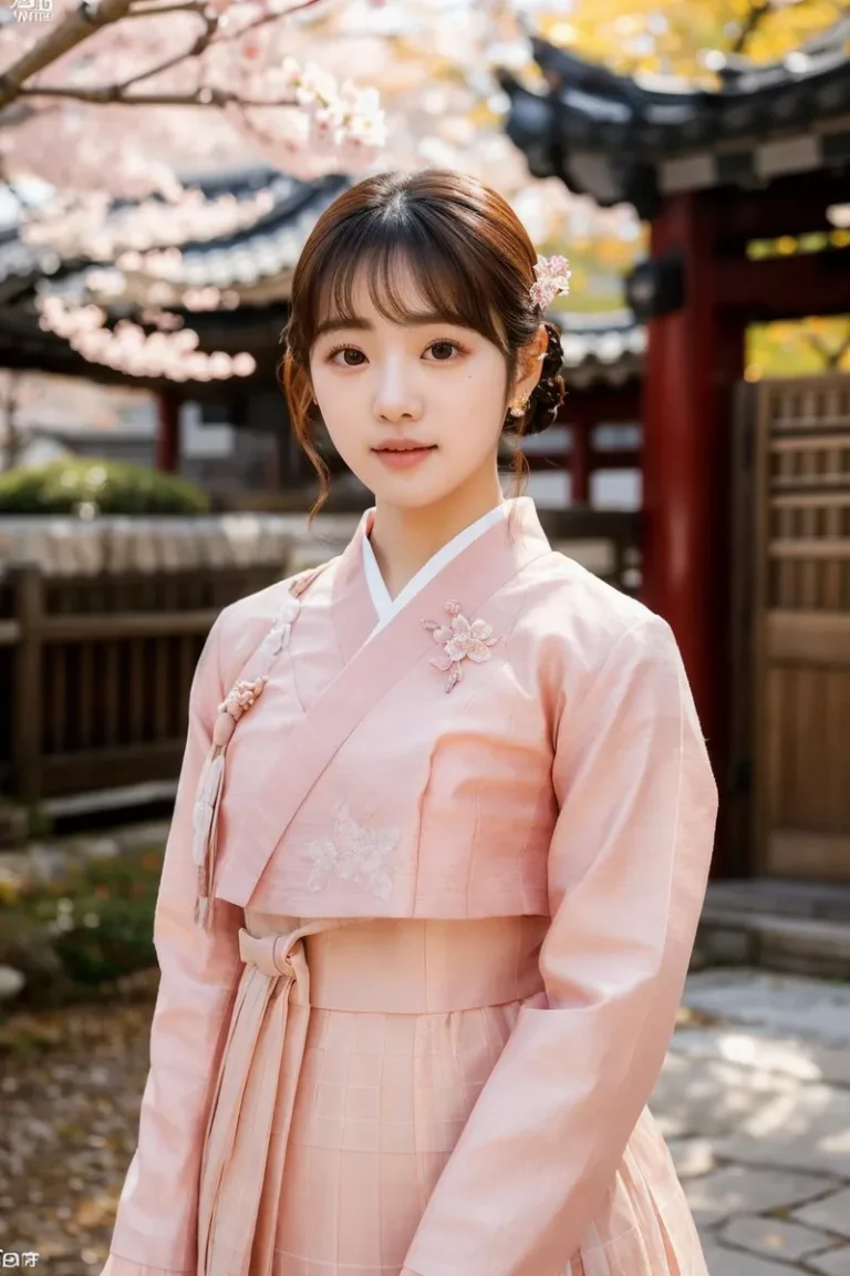 Young Korean woman in traditional pink Hanbok amidst a background of cherry blossoms. AI generated image using stable diffusion.