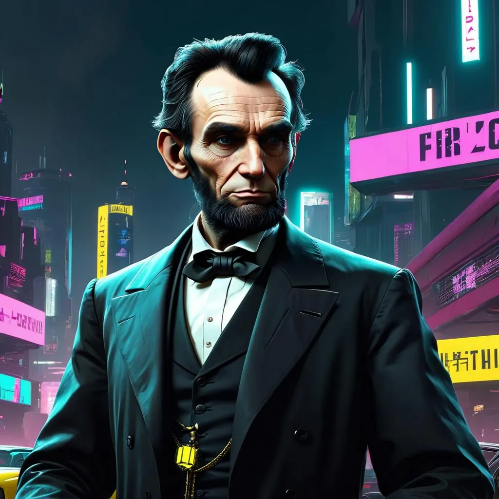 Abraham Lincoln in a cyberpunk neon city, AI generated using Stable Diffusion.