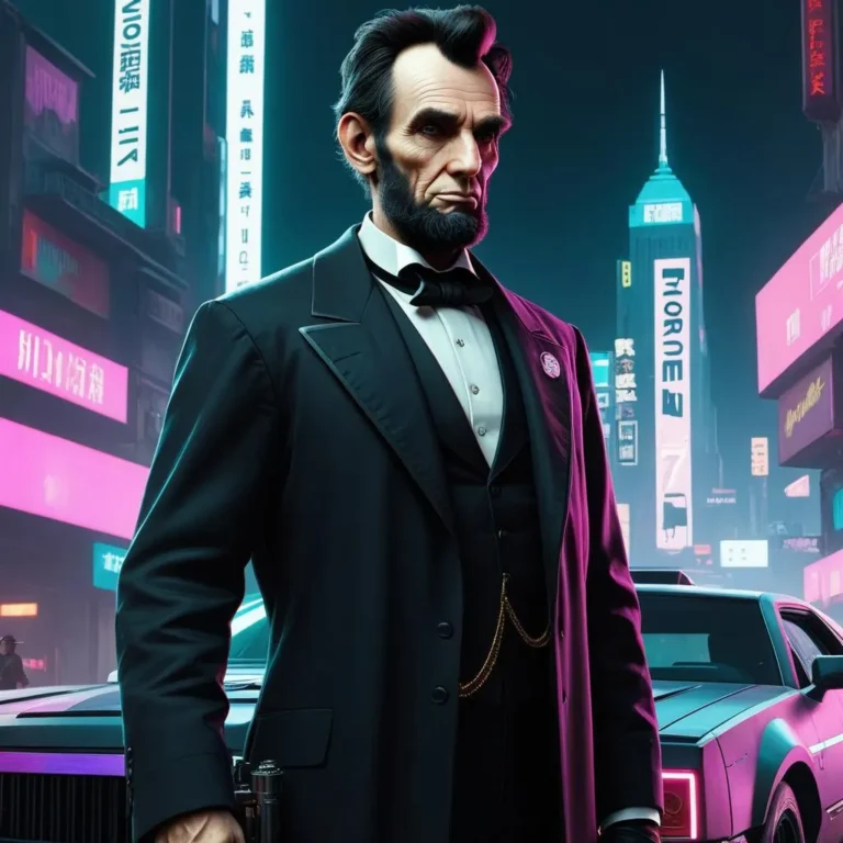Abraham Lincoln in a cyberpunk cityscape, generated by AI using Stable Diffusion.