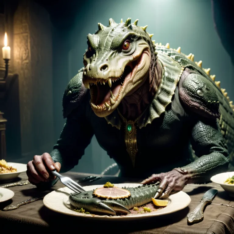 AI-generated image using Stable Diffusion of a humanoid lizard creature eating a gourmet dinner with a whole fish as the main dish.