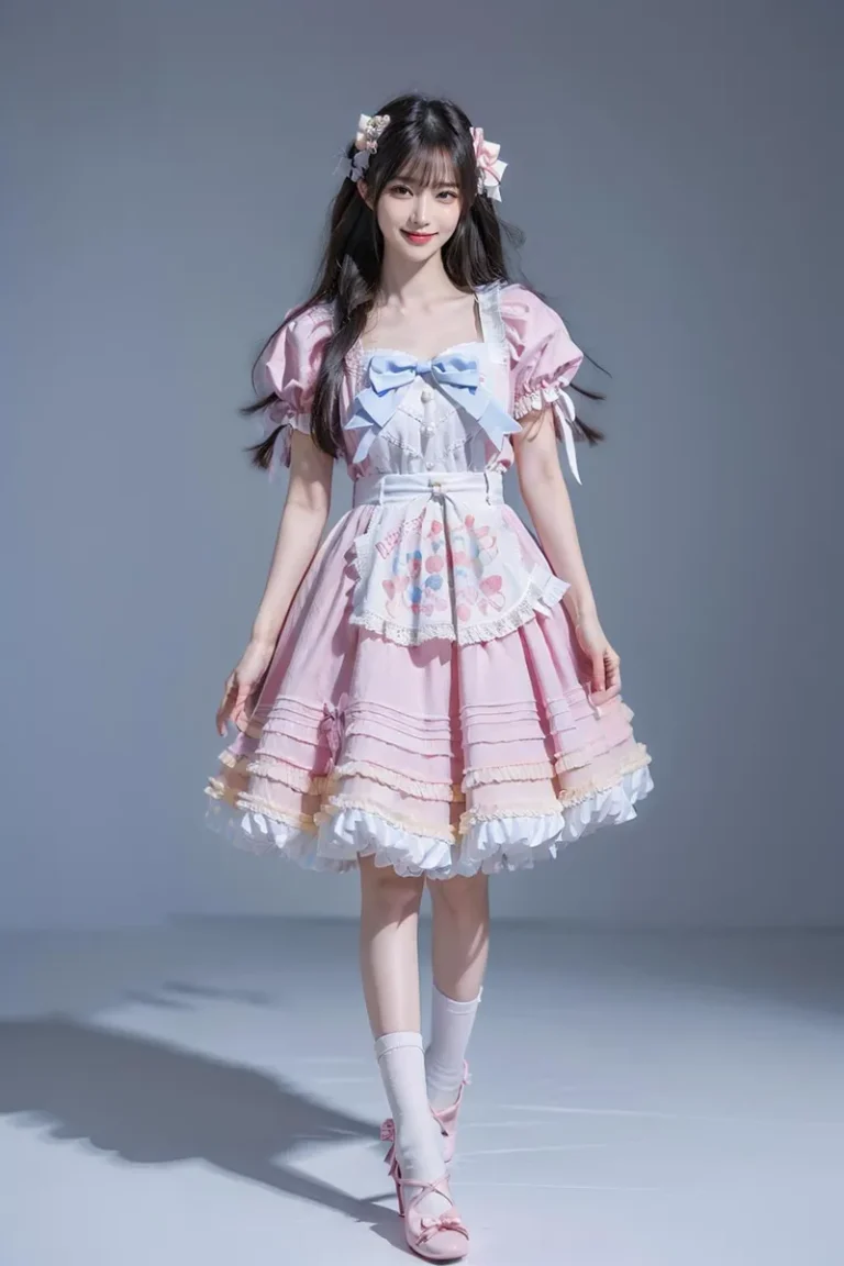 Young woman wearing classic Lolita fashion dress with pink and white frills, large bows, and hair accessories, AI generated using stable diffusion.