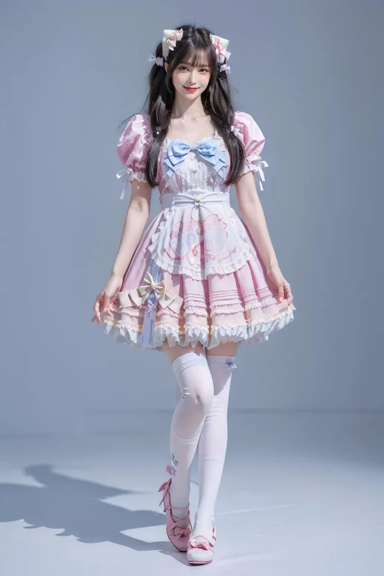 Cute girl in pink Lolita dress with bow accessories, AI generated image using stable diffusion.