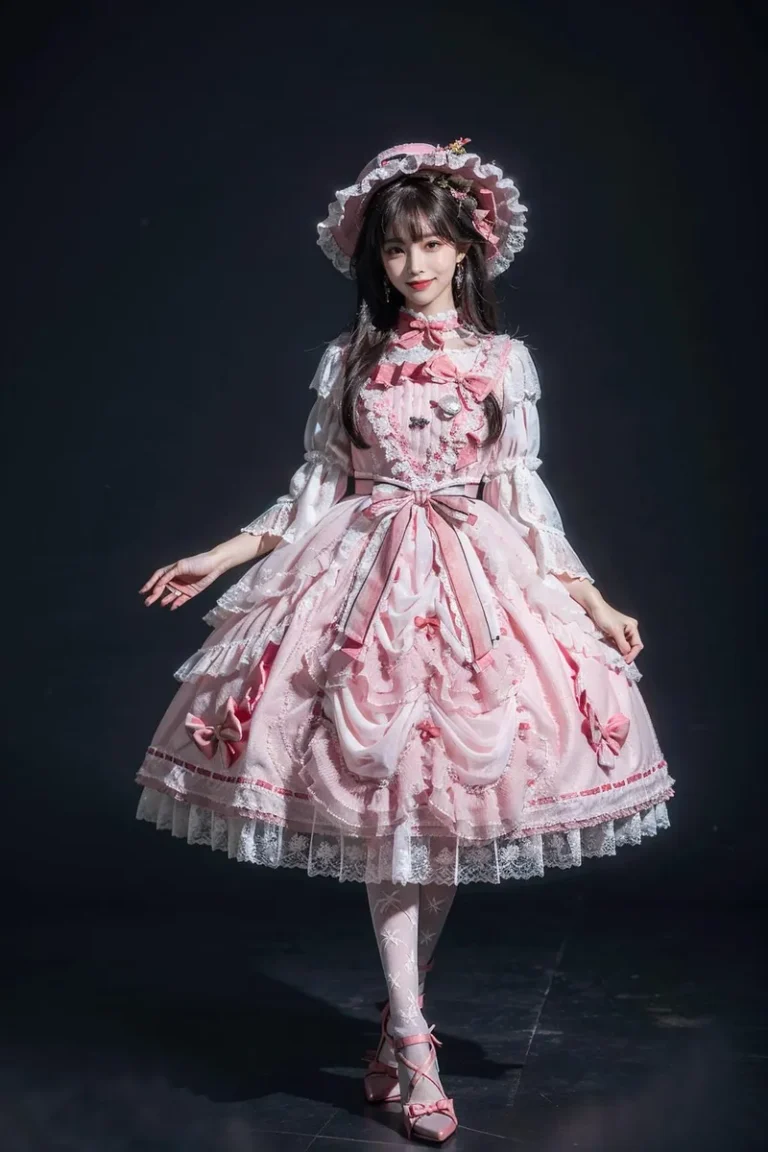 AI generated image of a model dressed in a detailed pink Lolita fashion dress with lace, ribbons, and bows using Stable Diffusion.