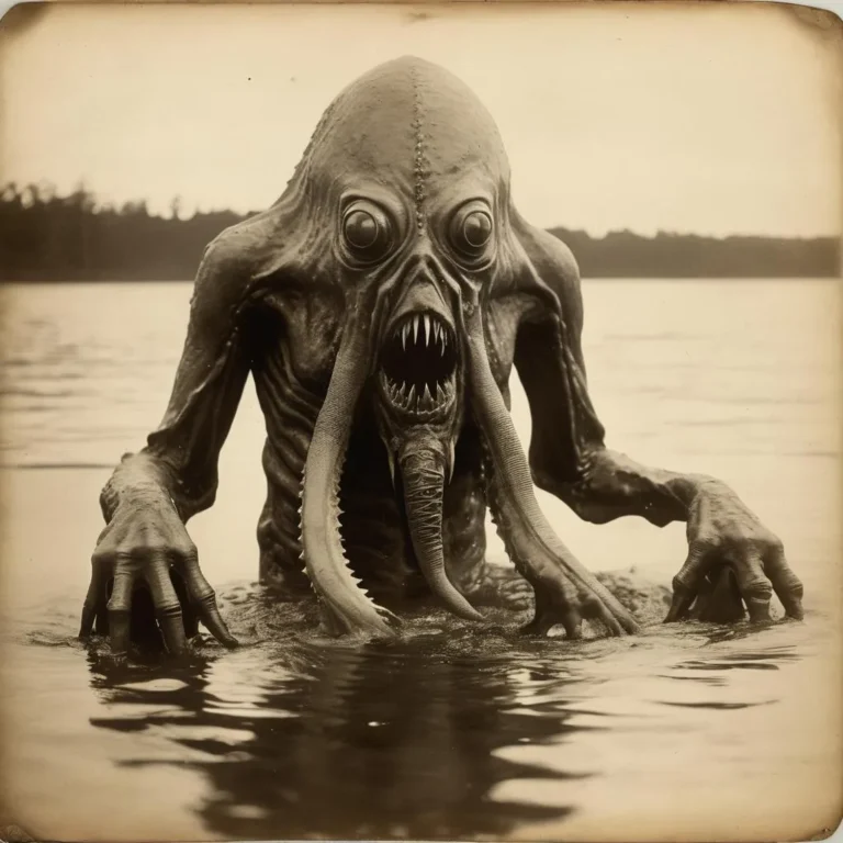 A sepia-toned depiction of a Lovecraftian monster with an elongated head, huge round eyes, and tentacle-like appendages emerging from a lake.