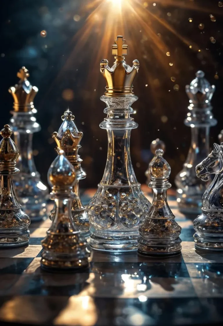 Luxurious glass chess pieces on a chessboard, created with AI using Stable Diffusion.