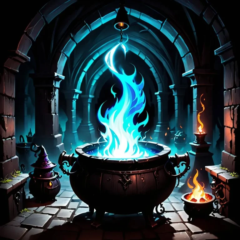 Magic cauldron with vibrant blue flame in a dark, fantasy dungeon created using Stable Diffusion technology.
