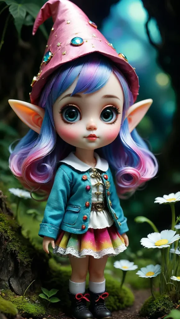 AI generated image using stable diffusion of a cute magical elf doll with big blue eyes, colorful pastel hair, pointy ears, dressed in a stylish outfit with a magical hat, standing in an enchanted forest surrounded by flowers.
