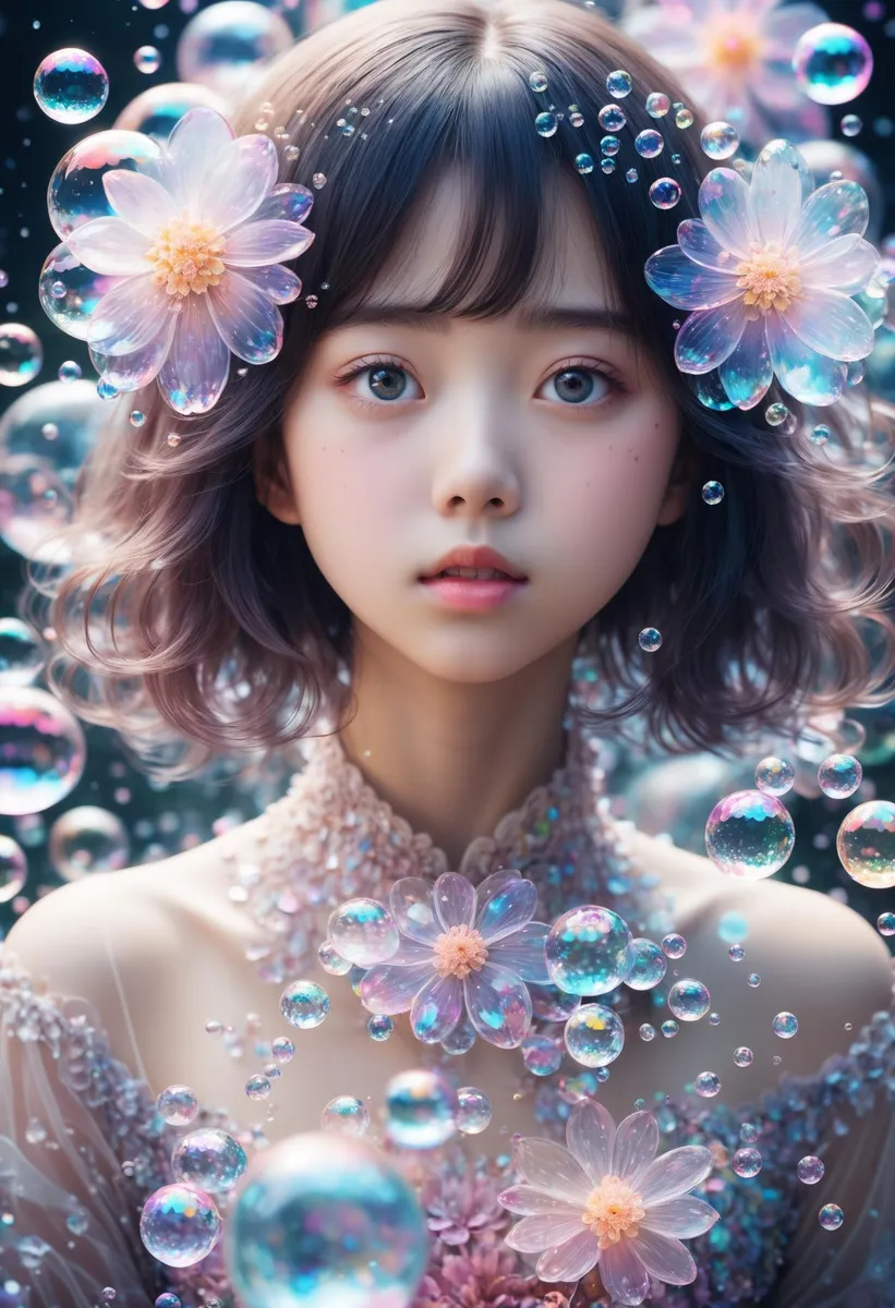 A fantastical scene featuring a young girl with delicate facial features, adorned with translucent flowers and surrounded by shimmering bubbles, created using Stable Diffusion.