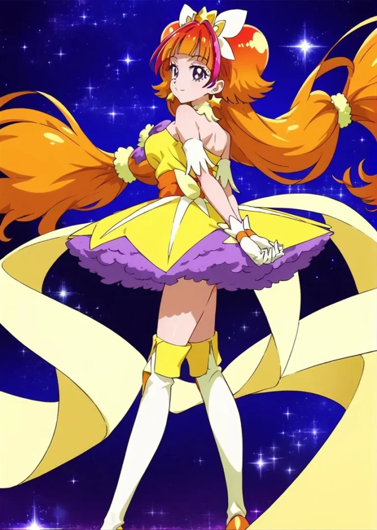 Anime-style magical girl with long orange hair in a yellow and purple outfit, standing against a starry night sky background. This is an AI generated image using Stable Diffusion.