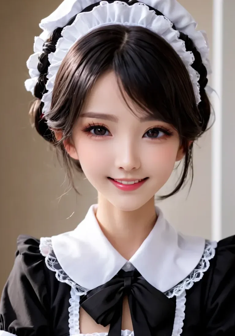 Anime-style character dressed in a traditional maid outfit with black and white attire and headpiece, AI created using Stable Diffusion.