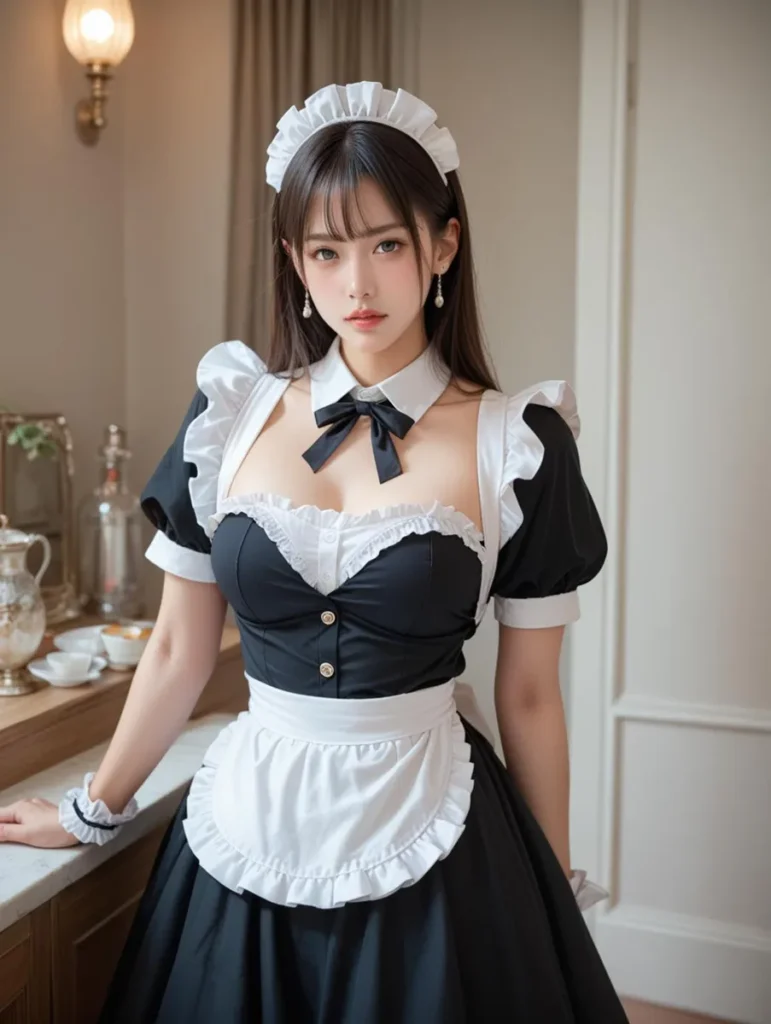 AI generated image using stable diffusion of a woman in a classic maid costume standing indoors